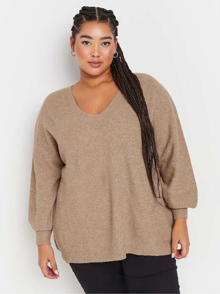 Yours Curve Natural V-Neck Balloon Sleeve Jumper - Image 1 of 5