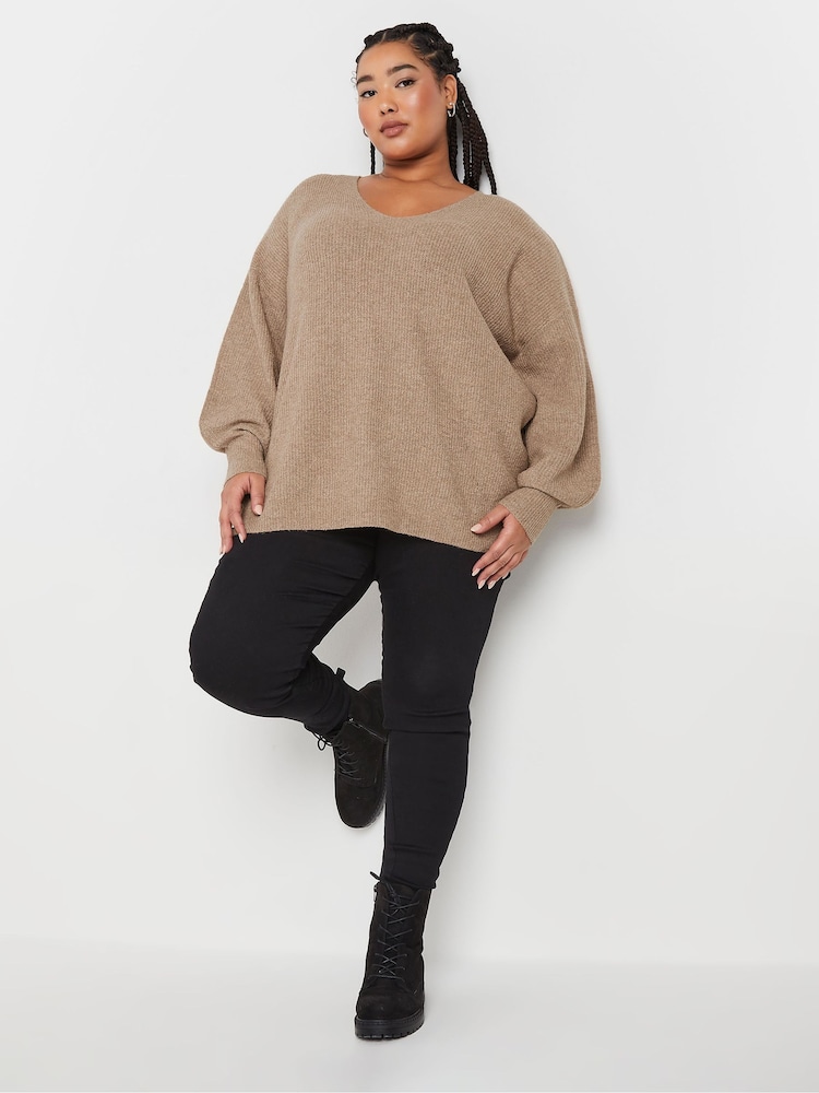 Yours Curve Natural V-Neck Balloon Sleeve Jumper - Image 2 of 5