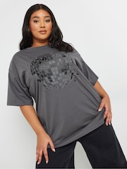 Yours Curve Grey Stud Embellished Disco Ball 100% Cotton T-Shirt - Image 1 of 5