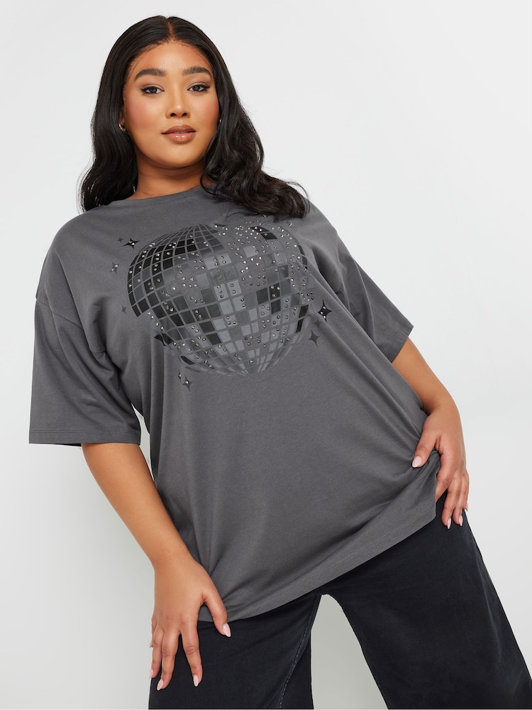 Yours Curve Grey Stud Embellished Disco Ball 100% Cotton T-Shirt - Image 1 of 5
