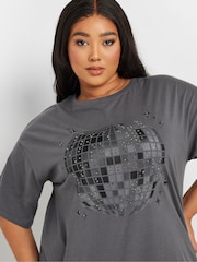 Yours Curve Grey Stud Embellished Disco Ball 100% Cotton T-Shirt - Image 4 of 5