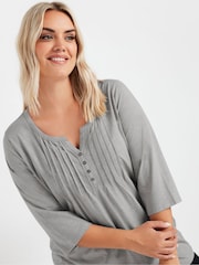 Yours Curve Grey Pintuck Henley 100% Cotton T-Shirt - Image 1 of 5