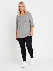 Yours Curve Grey Pintuck Henley 100% Cotton T-Shirt - Image 2 of 5
