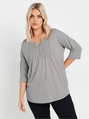 Yours Curve Grey Pintuck Henley 100% Cotton T-Shirt - Image 4 of 5