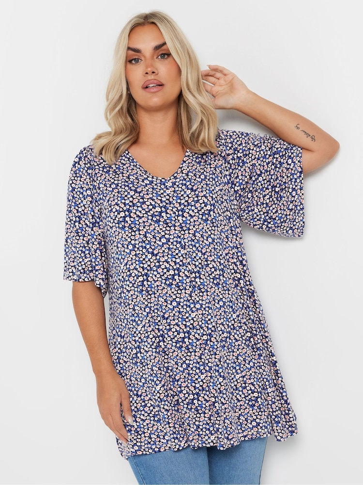 Yours Curve Blue Pleated Front Swing Top - Image 1 of 5