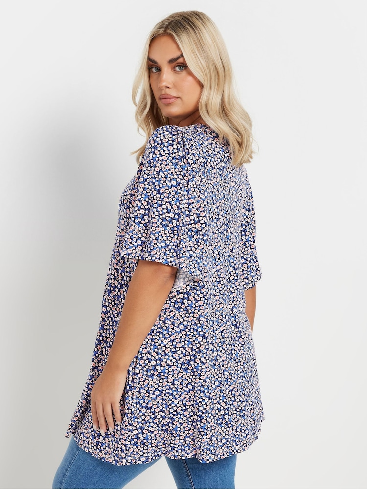 Yours Curve Blue Pleated Front Swing Top - Image 2 of 5