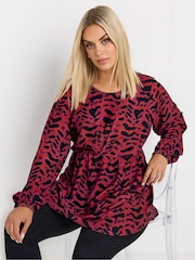 Yours Curve Red Limited Pleated Front Leopard Blouse - Image 1 of 5