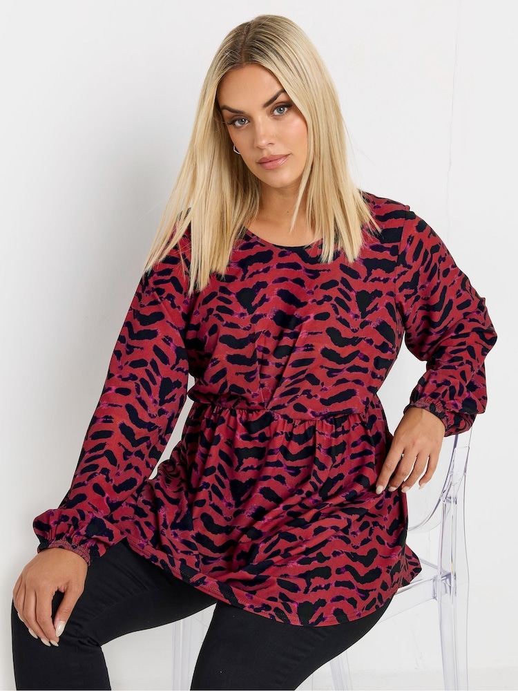 Yours Curve Red Limited Pleated Front Leopard Blouse - Image 1 of 5