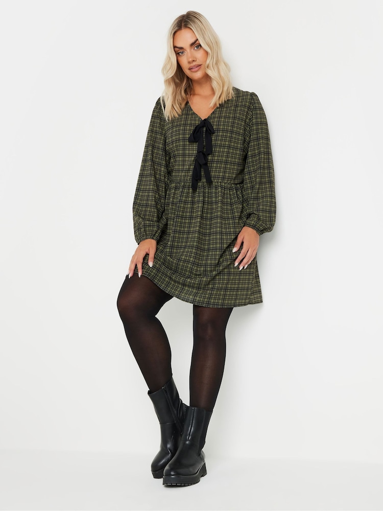 Yours Curve Khaki Green Limited Collection Check Bow Front Mini Dress - Image 1 of 5