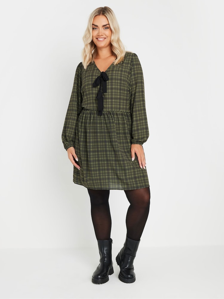Yours Curve Khaki Green Limited Collection Check Bow Front Mini Dress - Image 2 of 5
