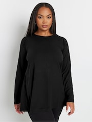 Yours Curve Black Long Sleeve Ribbed Swing Top - Image 1 of 5