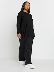 Yours Curve Black Long Sleeve Ribbed Swing Top - Image 3 of 5
