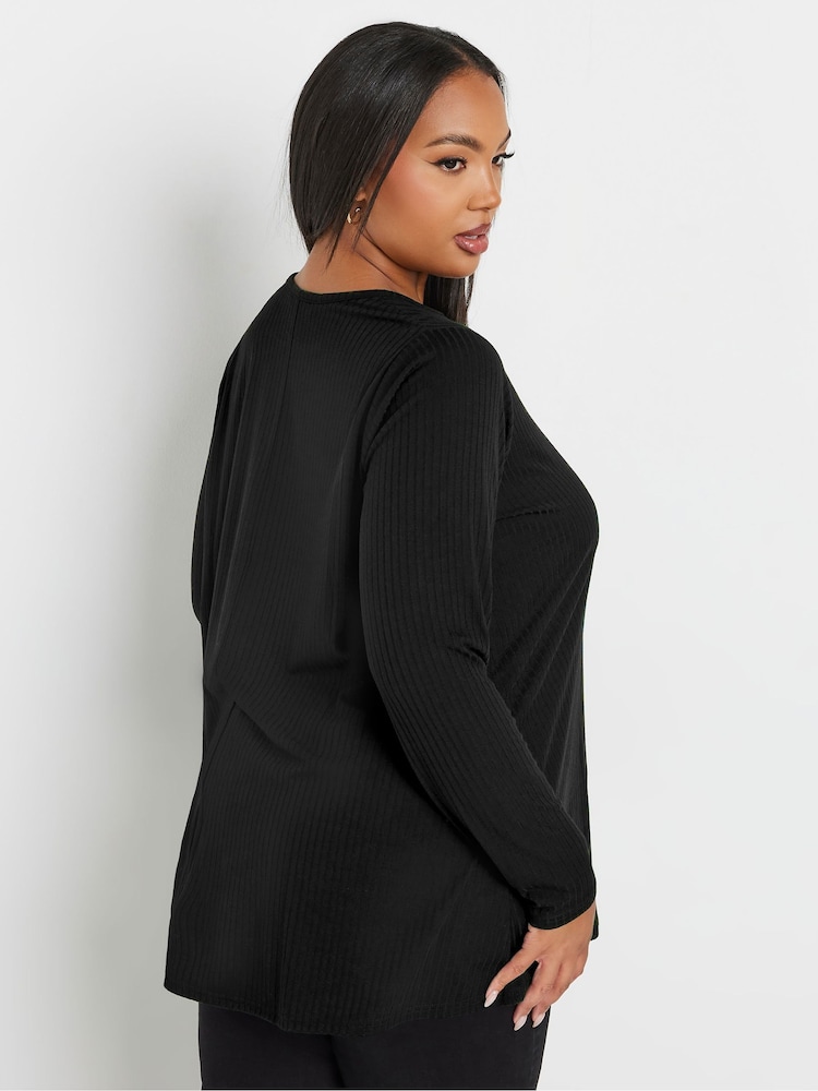 Yours Curve Black Long Sleeve Ribbed Swing Top - Image 5 of 5
