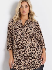 Yours Curve Natural Brown Leopard Print 3/4 Sleeve Shirt - Image 1 of 5