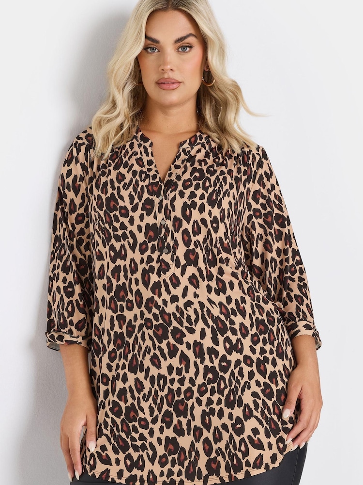 Yours Curve Natural Brown Leopard Print 3/4 Sleeve Shirt - Image 1 of 5