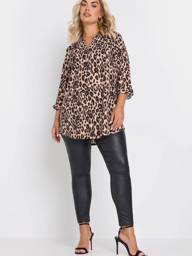 Yours Curve Natural Brown Leopard Print 3/4 Sleeve Shirt - Image 2 of 5