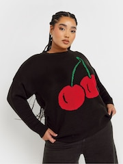 Yours Curve Black Limited Collection Curve Cherry Knitted Jumper - Image 1 of 5