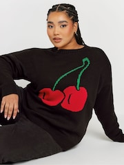Yours Curve Black Limited Collection Curve Cherry Knitted Jumper - Image 4 of 5