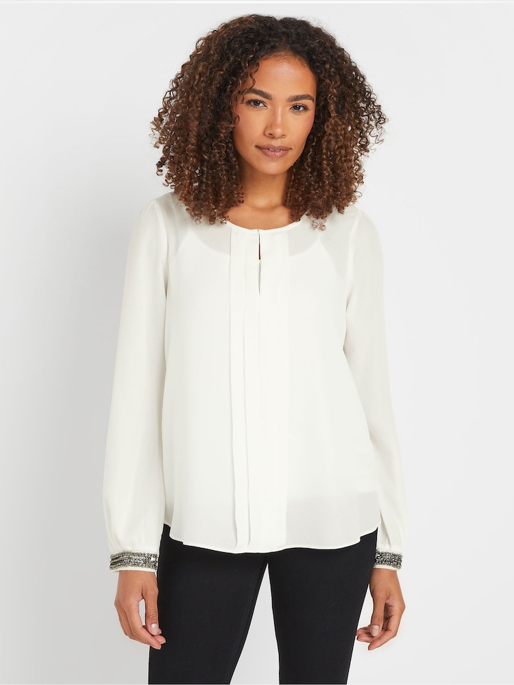 M&Co Cream Embellished Cuffed Pleated Blouse - Image 1 of 5