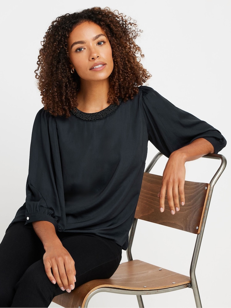 M&Co Black Bead Neckline Blouse - Image 1 of 5