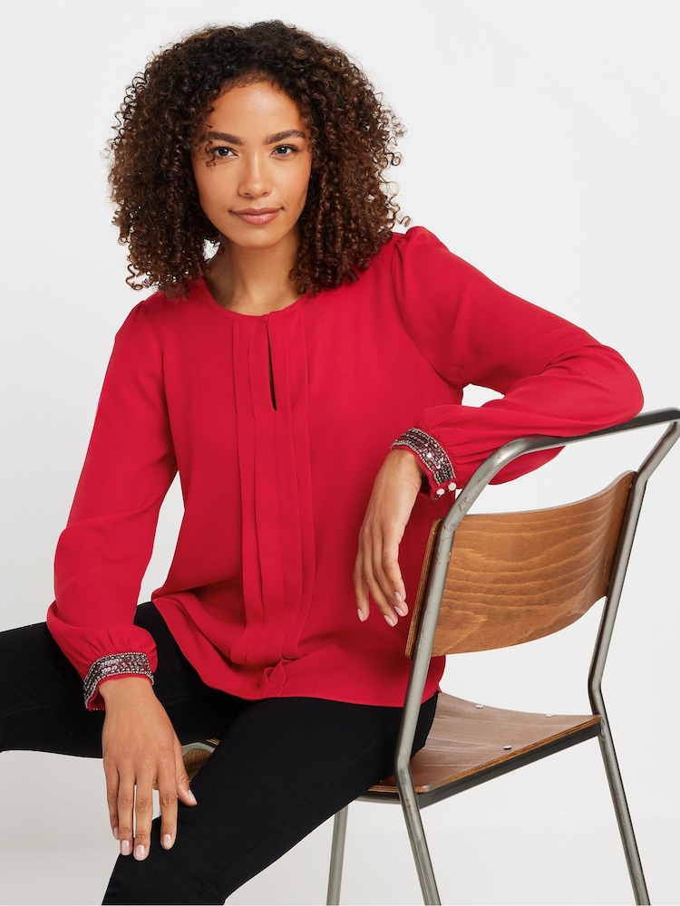 M&Co Red Embellished Cuffed Pleated Blouse - Image 1 of 5
