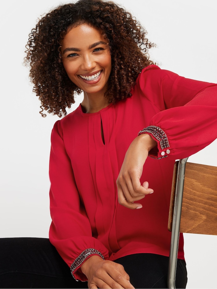 M&Co Red Embellished Cuffed Pleated Blouse - Image 2 of 5