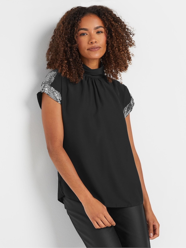 M&Co Black Sequin High Neck Blouse - Image 1 of 5