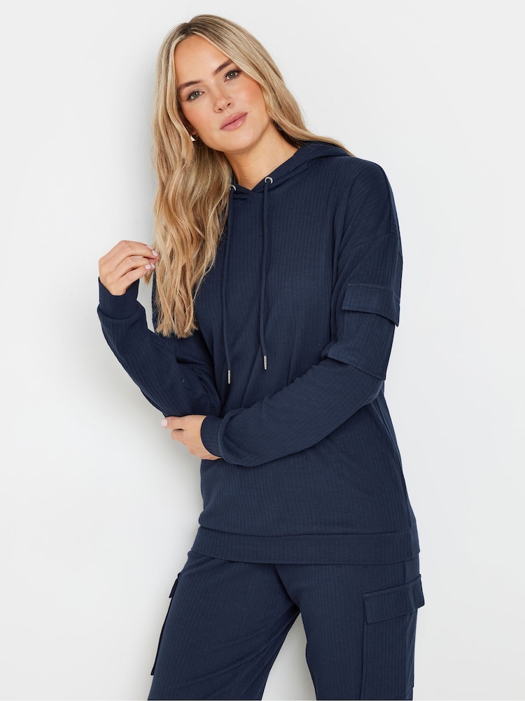 Long Tall Sally Blue Ribbed Cargo Hoodie - Image 1 of 6 Long Tall Sally Blue Ribbed Cargo Hoodie - Image 1 of 6