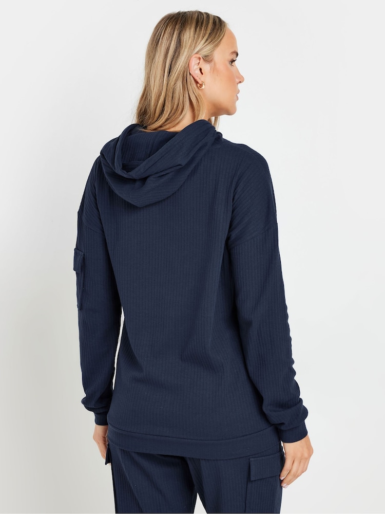Long Tall Sally Blue Ribbed Cargo Hoodie - Image 3 of 6