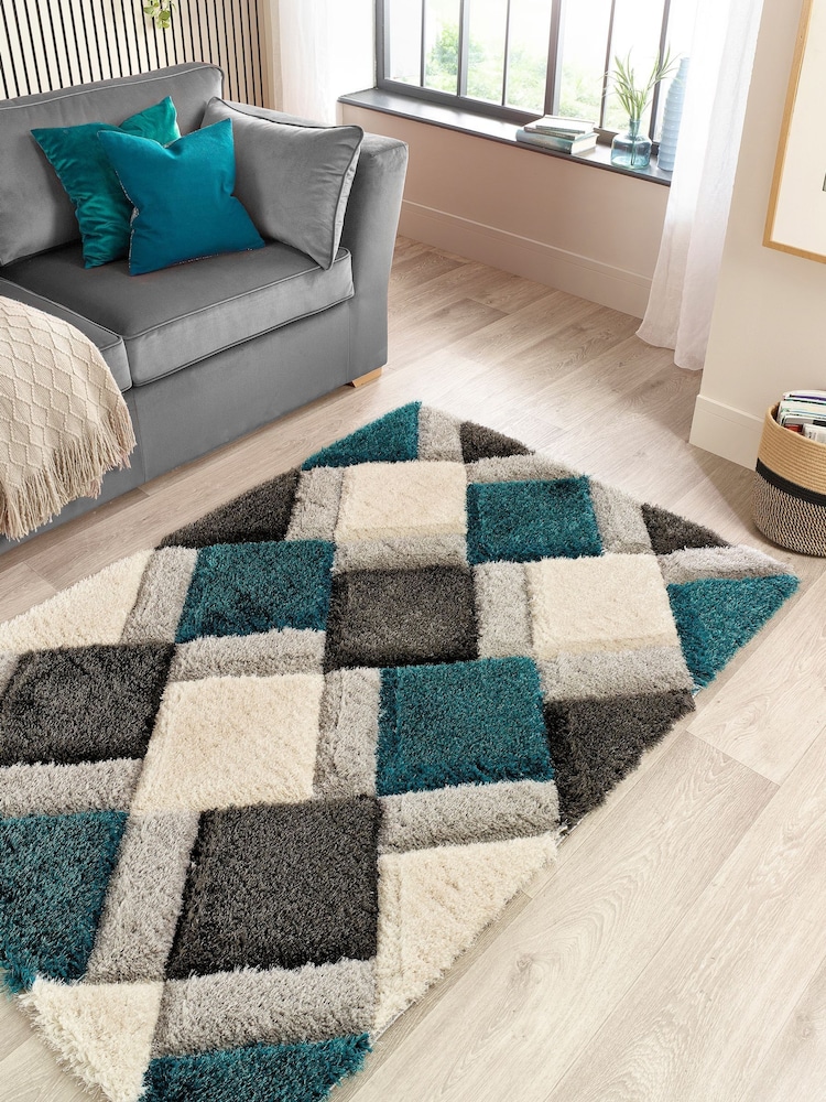 Origin Rug Collection. Teal 3D GEO Shaggy Runner - Image 1 of 5