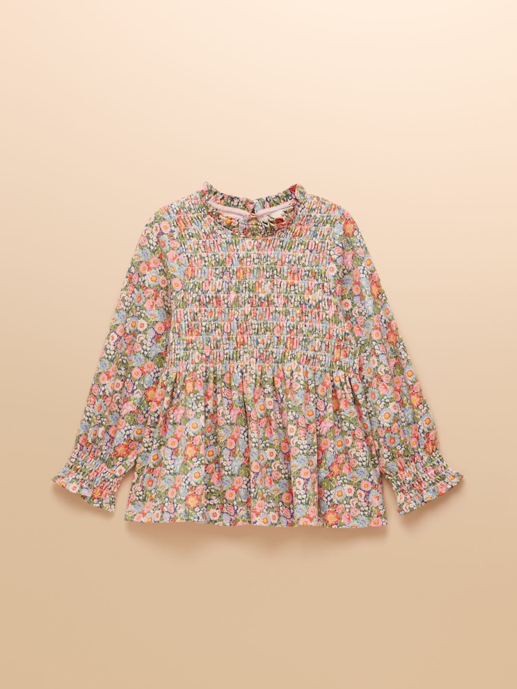 Joules Girls' Gracie Pink Ditsy Long Sleeve Shirred Top - Image 1 of 5
