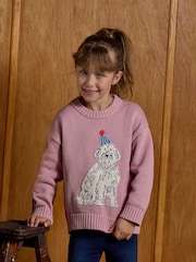 Joules Girls' Intarsia Pink Party Dog Knitted Jumper - Image 1 of 6