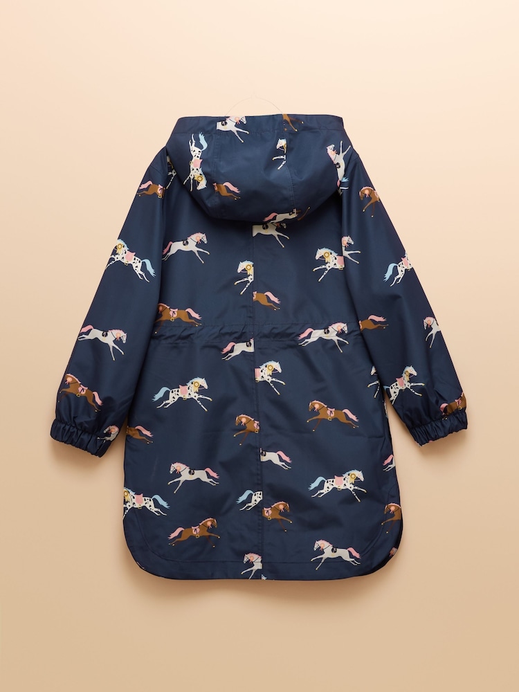 Joules Girls' Rainford Navy Horse Waterproof Packable Raincoat - Image 2 of 6