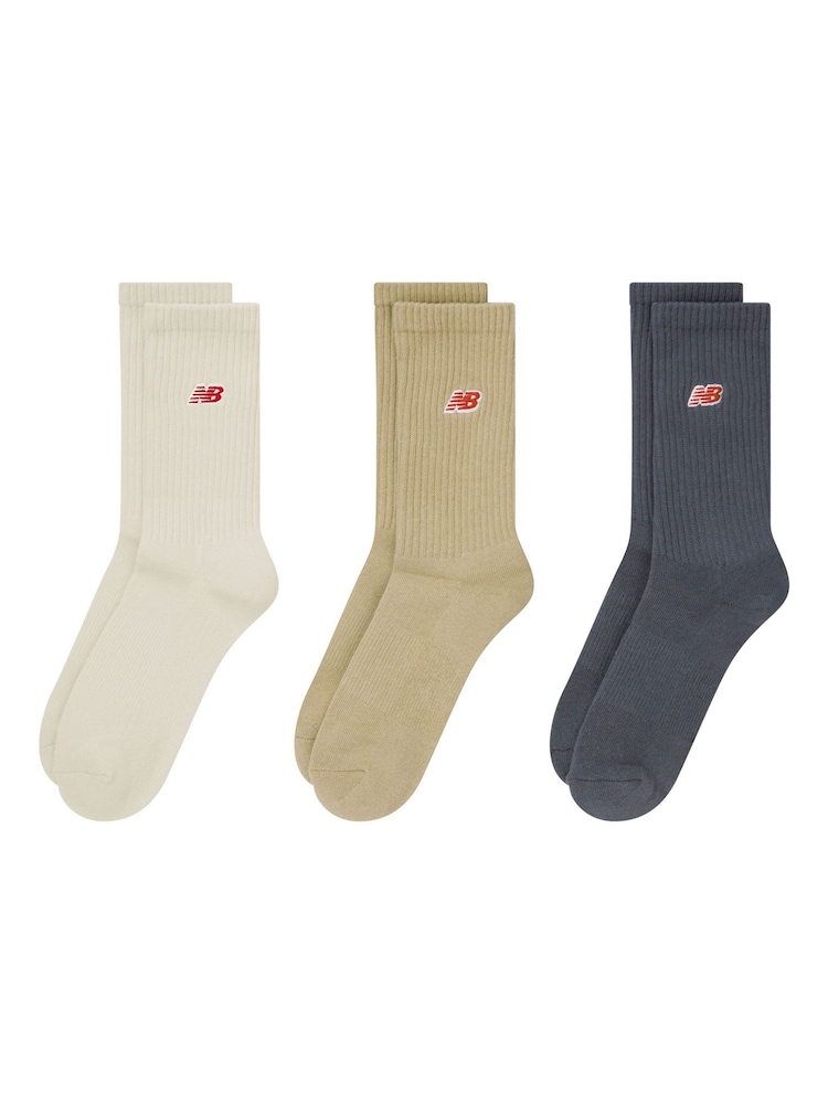 Cream/Grey/Blue - New Balance NB Patch Logo Crew  Socks 3 Pack - Image 1 of 6