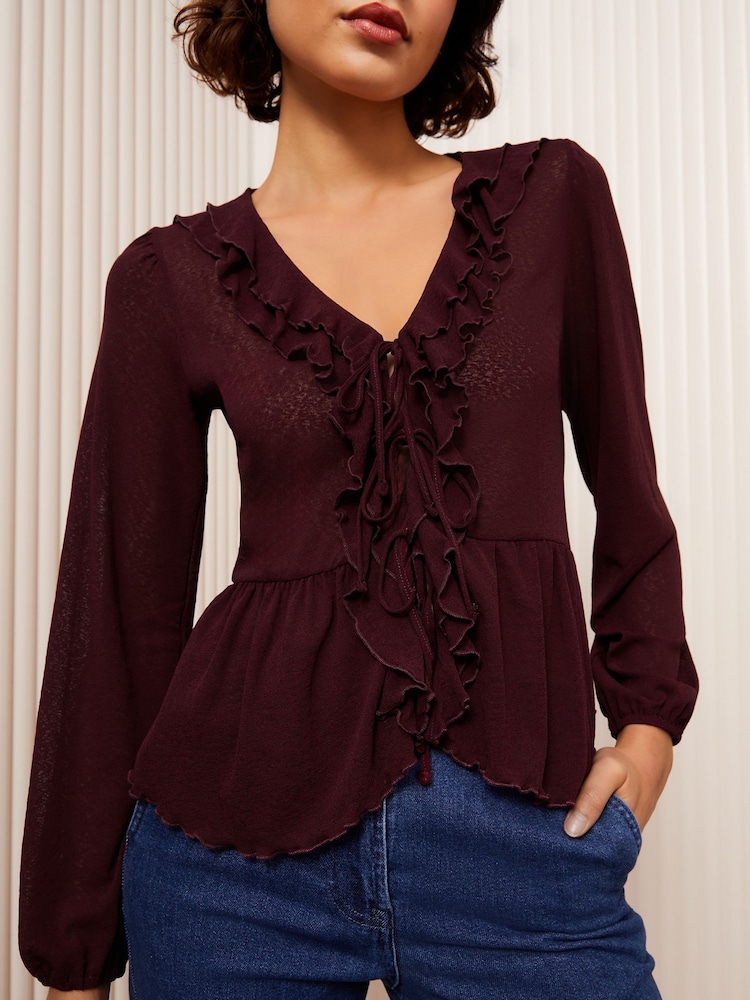 Friends Like These Burgundy Red Ruffle Front Mesh Blouse - Image 1 of 4