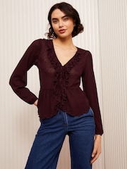 Friends Like These Burgundy Red Ruffle Front Mesh Blouse - Image 2 of 4