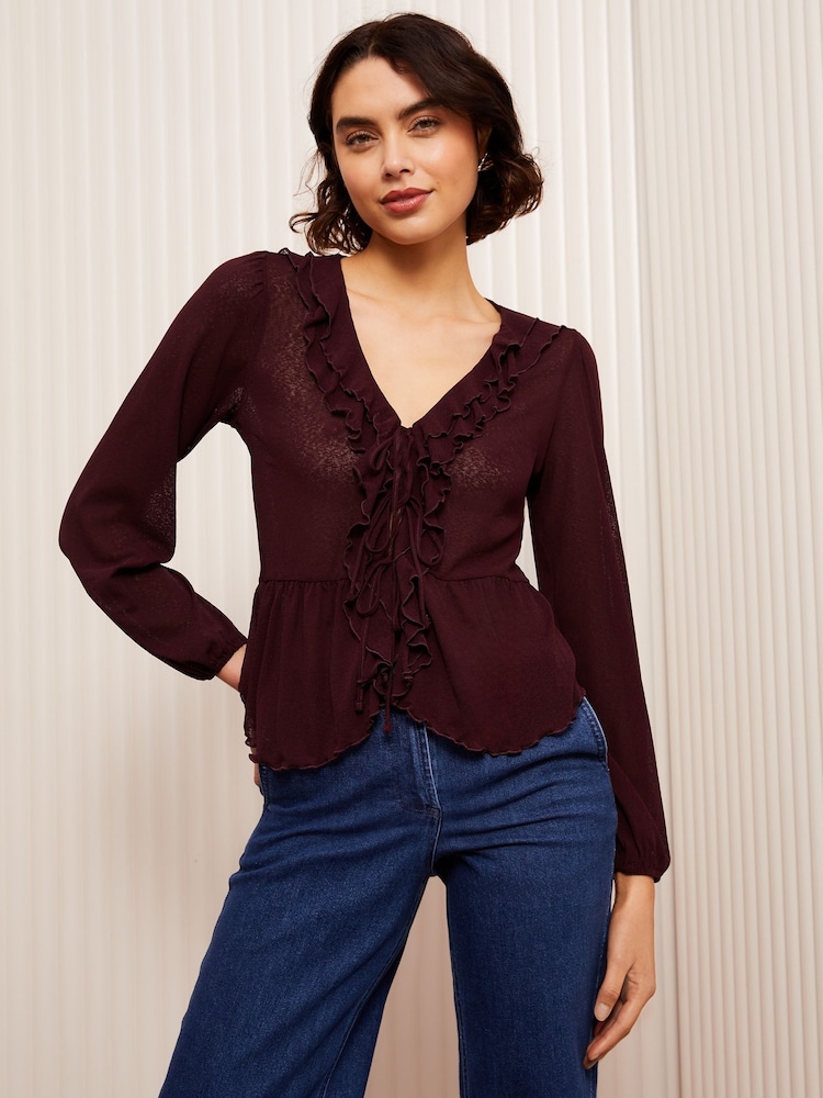 Friends Like These Burgundy Red Ruffle Front Mesh Blouse - Image 2 of 4