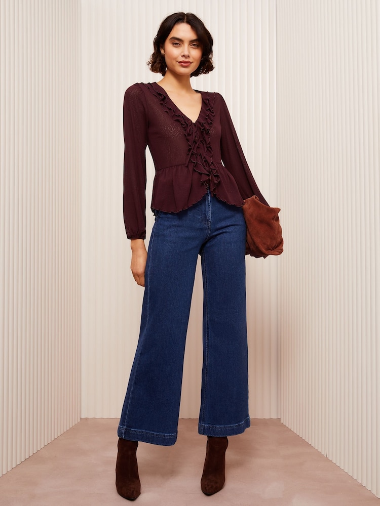 Friends Like These Burgundy Red Ruffle Front Mesh Blouse - Image 3 of 4