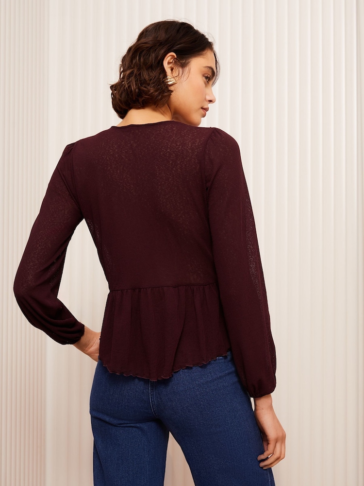 Friends Like These Burgundy Red Ruffle Front Mesh Blouse - Image 4 of 4