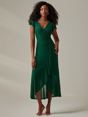 Jolie Moi Green Plain Wrap Mesh Maxi Dress - Image 1 of 6