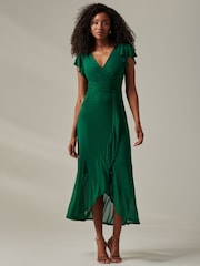 Jolie Moi Green Plain Wrap Mesh Maxi Dress - Image 6 of 6
