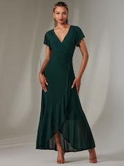 Jolie Moi Light Green Plain Wrap Mesh Maxi Dress - Image 1 of 6