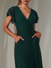 Jolie Moi Light Green Plain Wrap Mesh Maxi Dress - Image 3 of 6