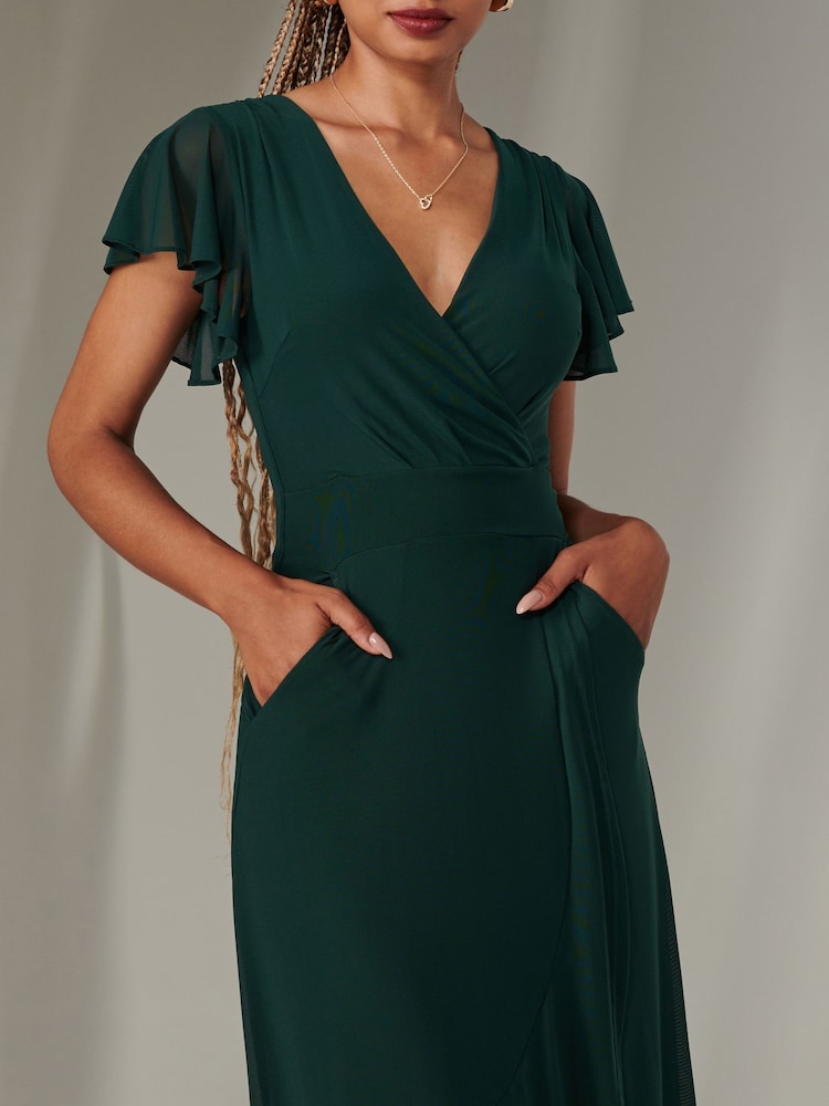 Jolie Moi Light Green Plain Wrap Mesh Maxi Dress - Image 3 of 6