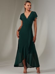 Jolie Moi Light Green Plain Wrap Mesh Maxi Dress - Image 4 of 6