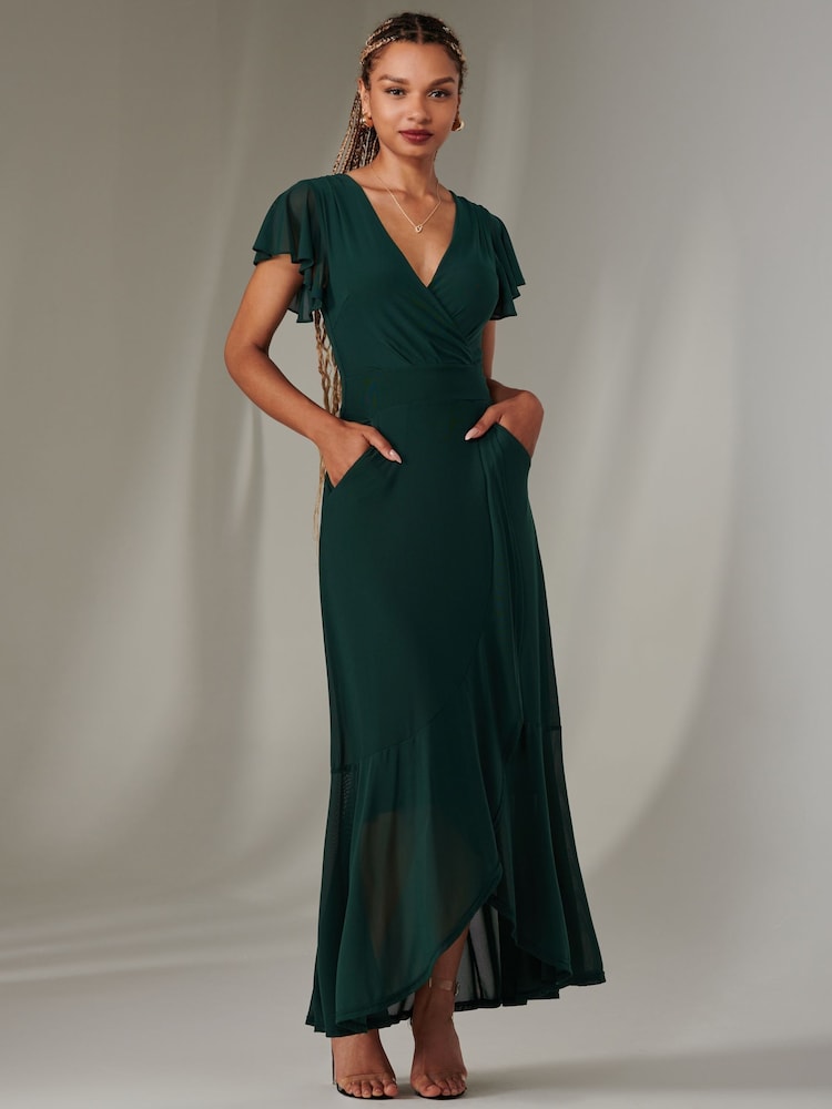 Jolie Moi Light Green Plain Wrap Mesh Maxi Dress - Image 5 of 6