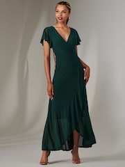 Jolie Moi Light Green Plain Wrap Mesh Maxi Dress - Image 6 of 6