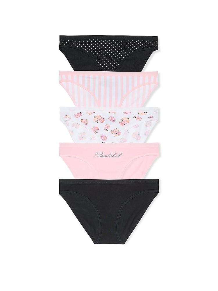 Victoria's Secret Pink/White/Black Bikini 5 Pack Knickers - Image 1 of 4