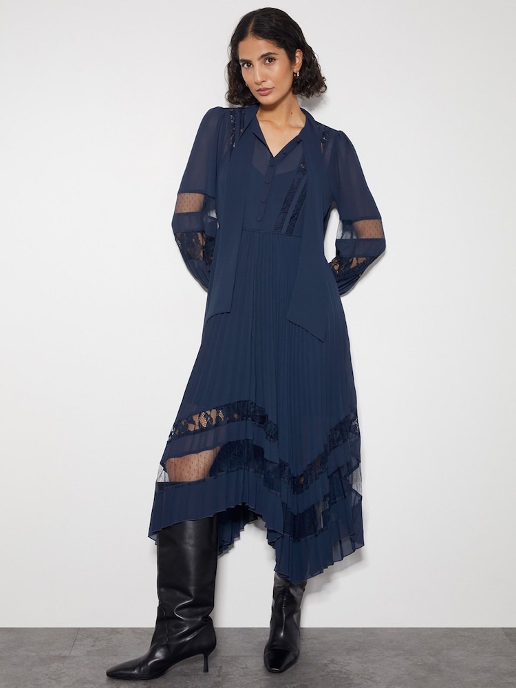 Monsoon Blue Florence Lace Insert Pleated Midi Dress - Image 1 of 3