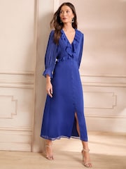 Love & Roses Cobalt Blue Pleated Ruffle Midi Dress - Image 1 of 4